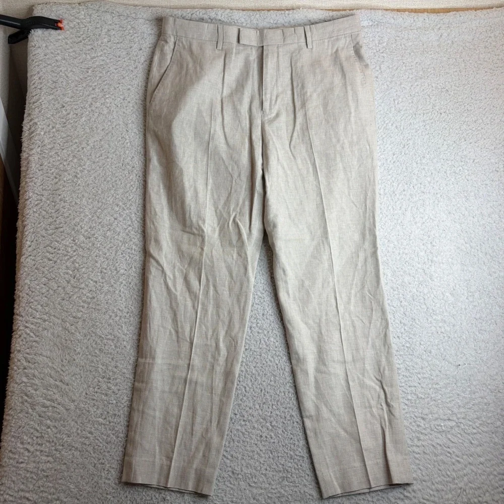 Ted Baker London Mens 36x29 Slim Fit Linen Cotton Blend Trousers Oatmeal Beige